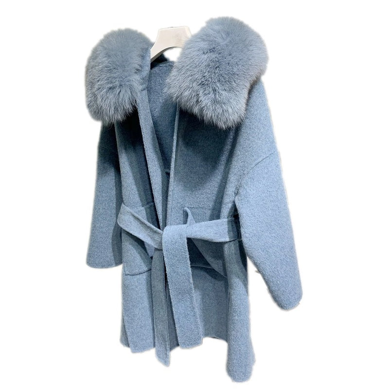 Luxury Natural Fur Hooded Cashmere Elegant Coats
