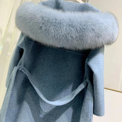 Luxury Natural Fur Hooded Cashmere Elegant Coats