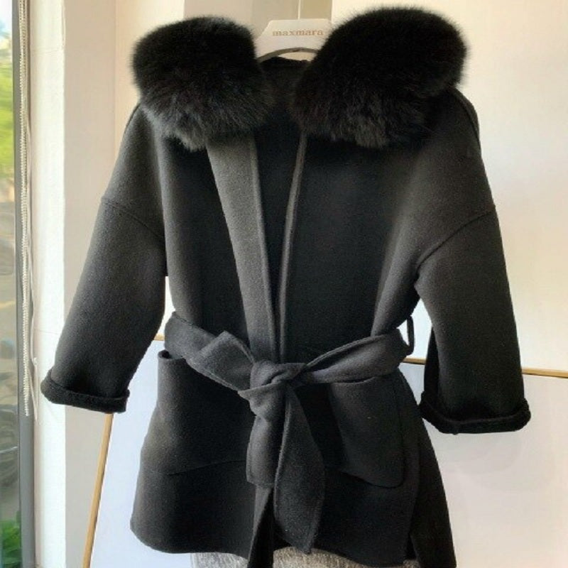 Luxury Natural Fur Hooded Cashmere Elegant Coats