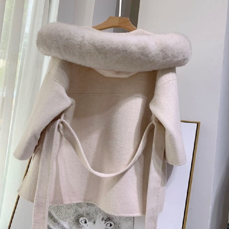 Luxury Natural Fur Hooded Cashmere Elegant Coats