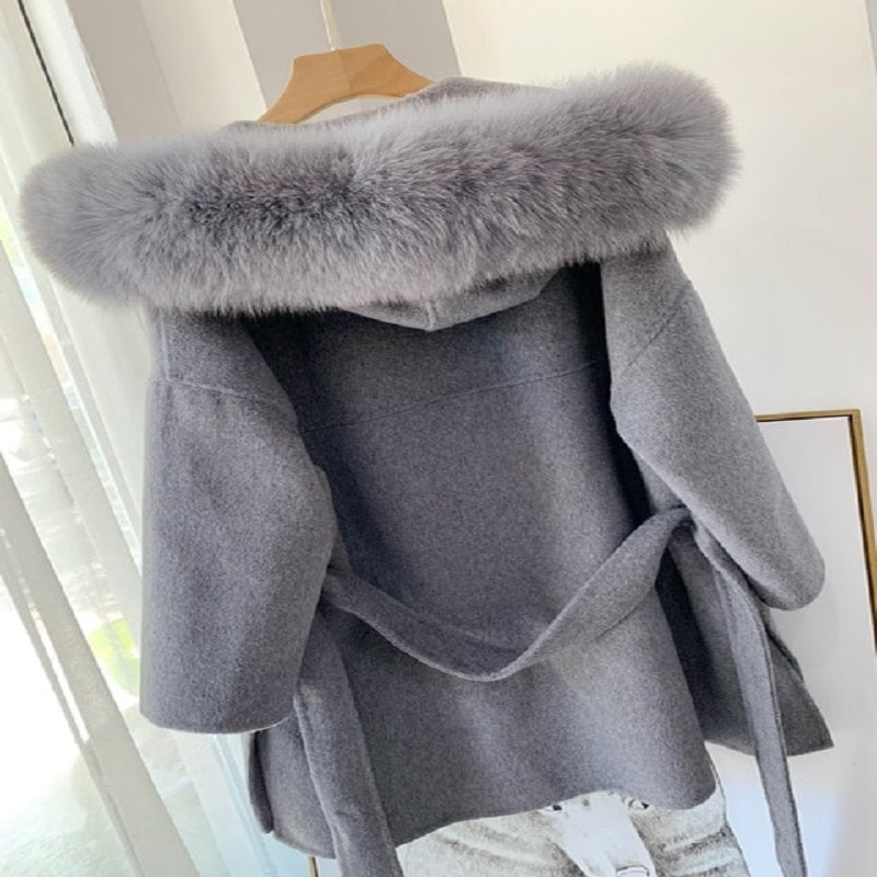 Luxury Natural Fur Hooded Cashmere Elegant Coats