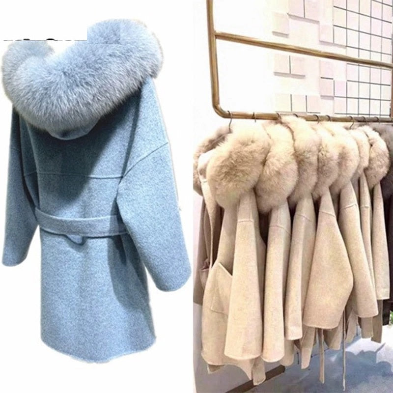 Luxury Natural Fur Hooded Cashmere Elegant Coats