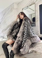 Luxury Plaid Outerwear Fox Fur Warm Cloak Christmas Asymmetric Length Coats
