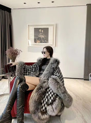 Luxury Plaid Outerwear Fox Fur Warm Cloak Christmas Asymmetric Length Coats