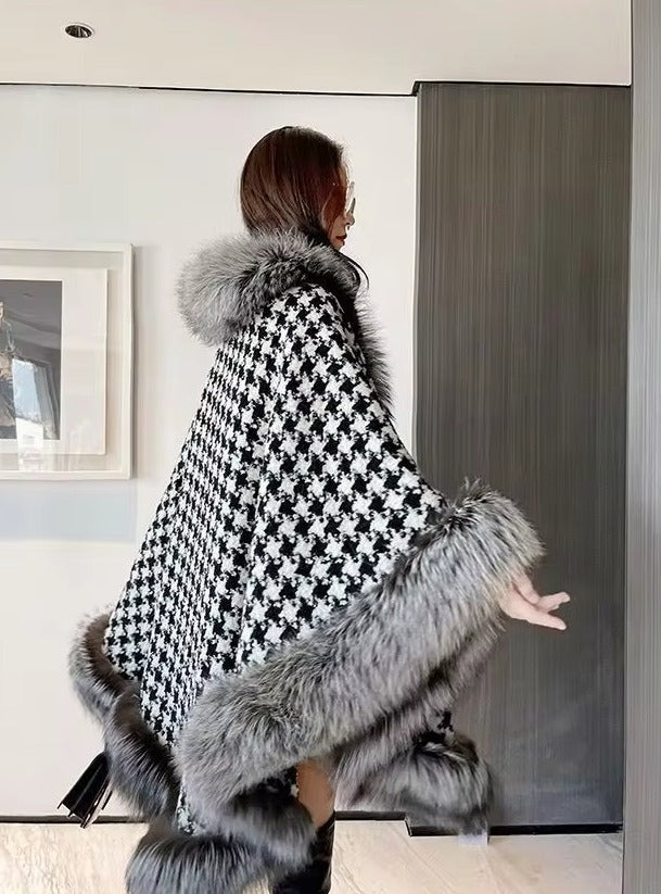 Luxury Plaid Outerwear Fox Fur Warm Cloak Christmas Asymmetric Length Coats