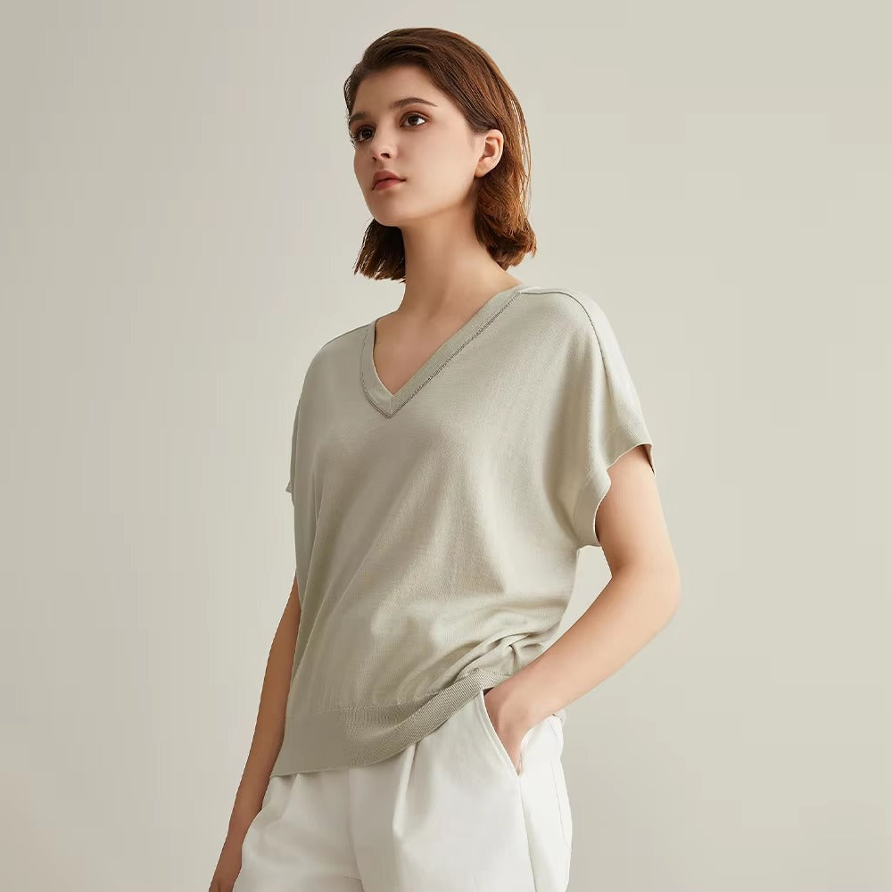 Luxury Solid V-Neck Beading Woolen Silk Clothes For Loose Knitted Tops Sweaters