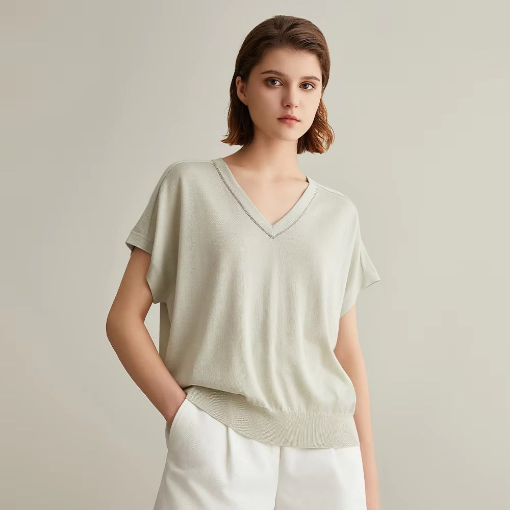Luxury Solid V-Neck Beading Woolen Silk Clothes For Loose Knitted Tops Sweaters