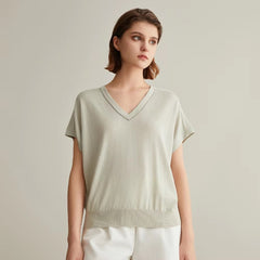 Luxury Solid V-Neck Beading Woolen Silk Clothes For Loose Knitted Tops Sweaters