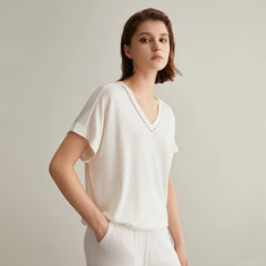 Luxury Solid V-Neck Beading Woolen Silk Clothes For Loose Knitted Tops Sweaters
