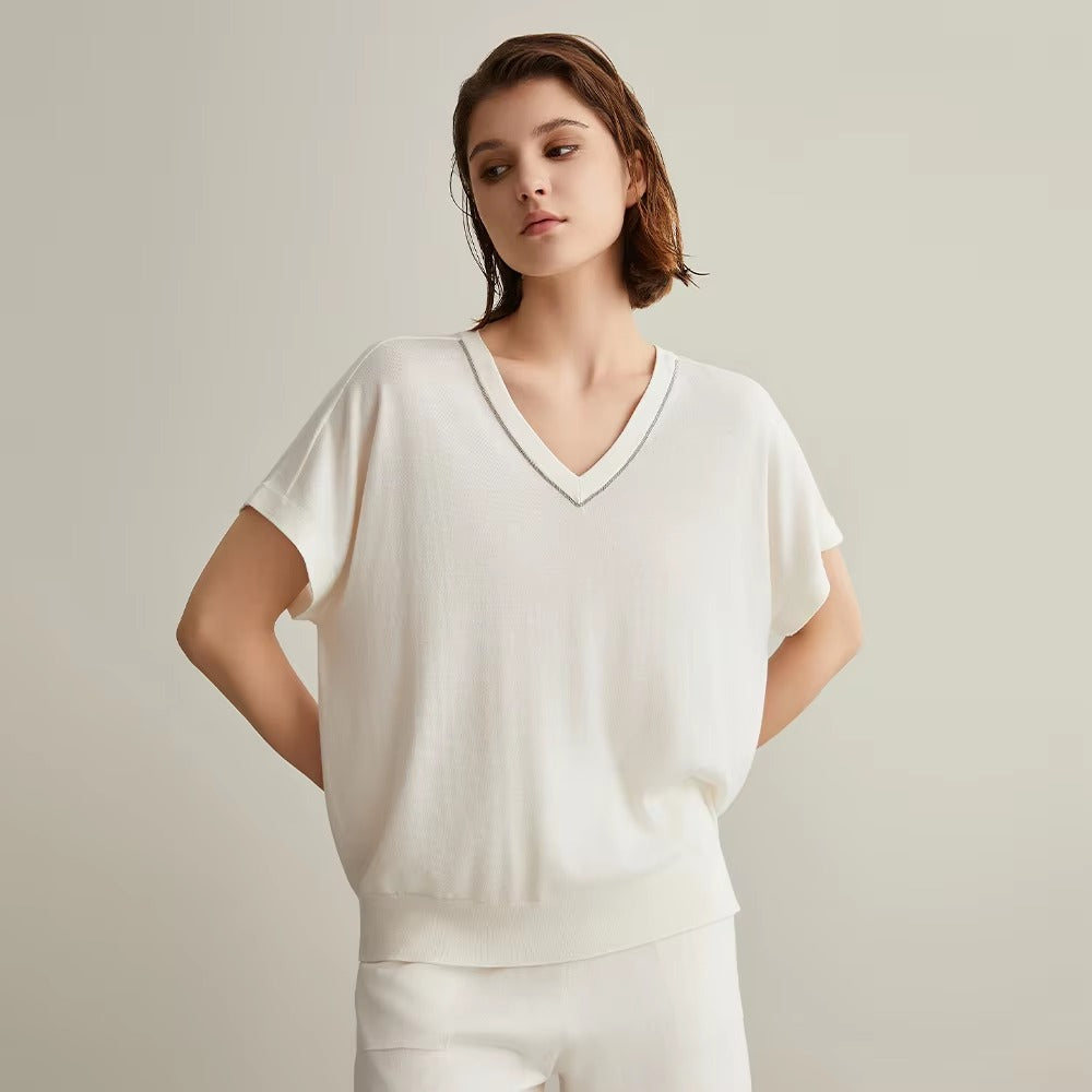 Luxury Solid V-Neck Beading Woolen Silk Clothes For Loose Knitted Tops Sweaters