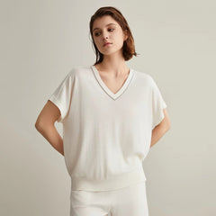 Luxury Solid V-Neck Beading Woolen Silk Clothes For Loose Knitted Tops Sweaters