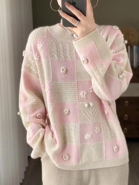 Luxury Spliced Half High Collar Pullover Soft Comfortable Large Wool Sweater