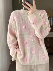 Luxury Spliced Half High Collar Pullover Soft Comfortable Large Wool Sweater