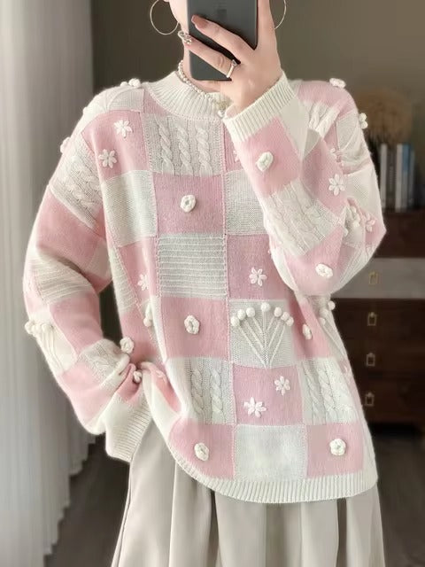 Luxury Spliced Half High Collar Pullover Soft Comfortable Large Wool Sweater