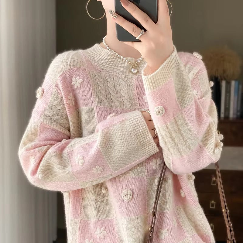 Luxury Spliced Half High Collar Pullover Soft Comfortable Large Wool Sweater