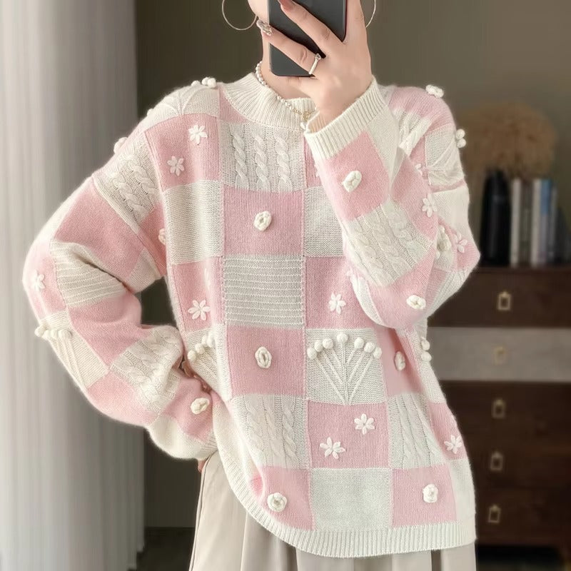 Luxury Spliced Half High Collar Pullover Soft Comfortable Large Wool Sweater