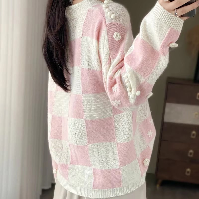 Luxury Spliced Half High Collar Pullover Soft Comfortable Large Wool Sweater