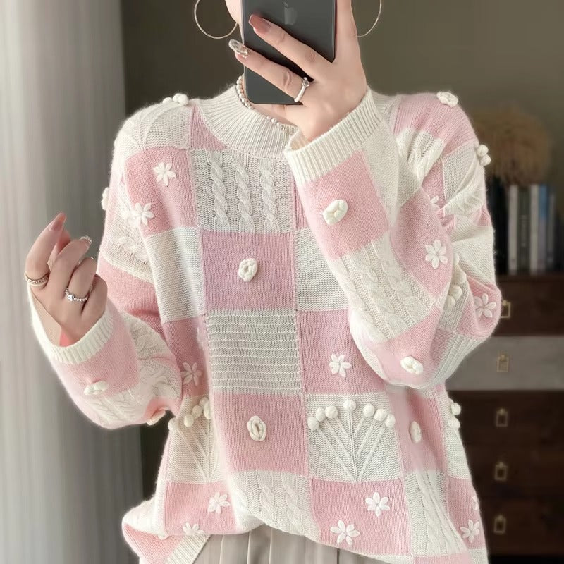 Luxury Spliced Half High Collar Pullover Soft Comfortable Large Wool Sweater