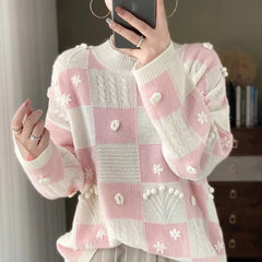 Luxury Spliced Half High Collar Pullover Soft Comfortable Large Wool Sweater