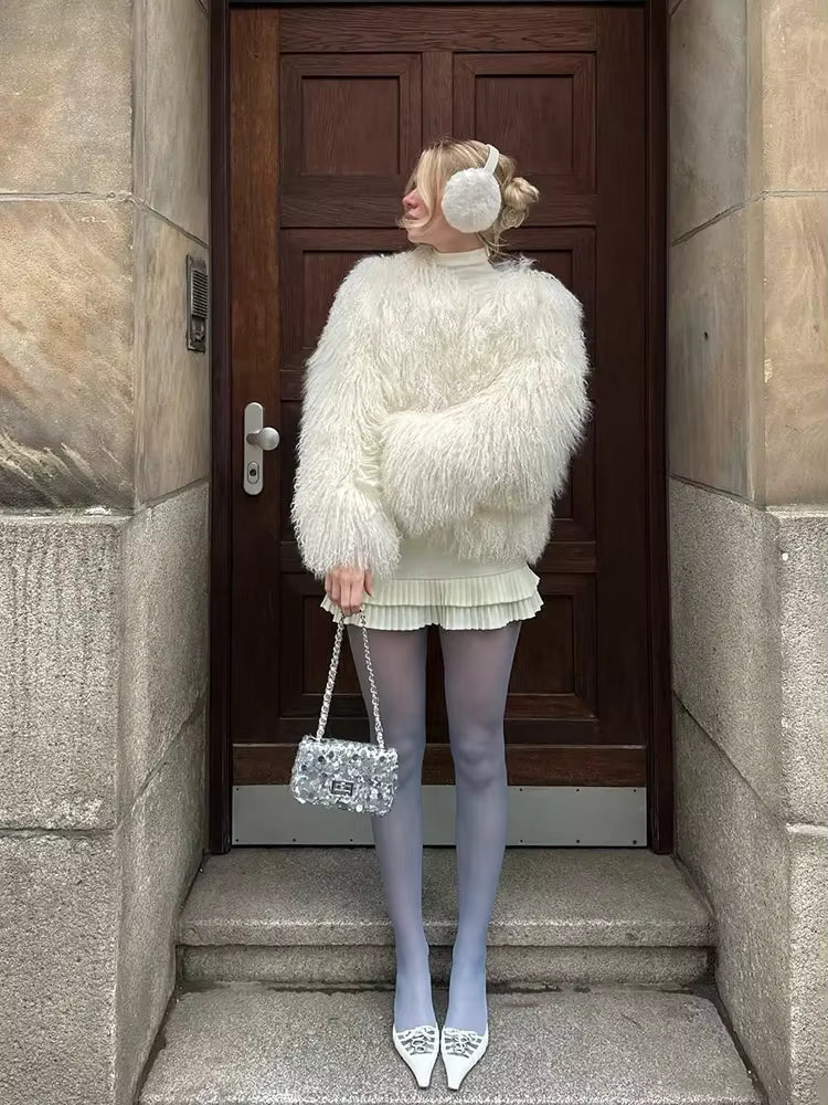 Luxury Warm Faux Fur Long Sleeve Patchwork High Waist Coats Outwear