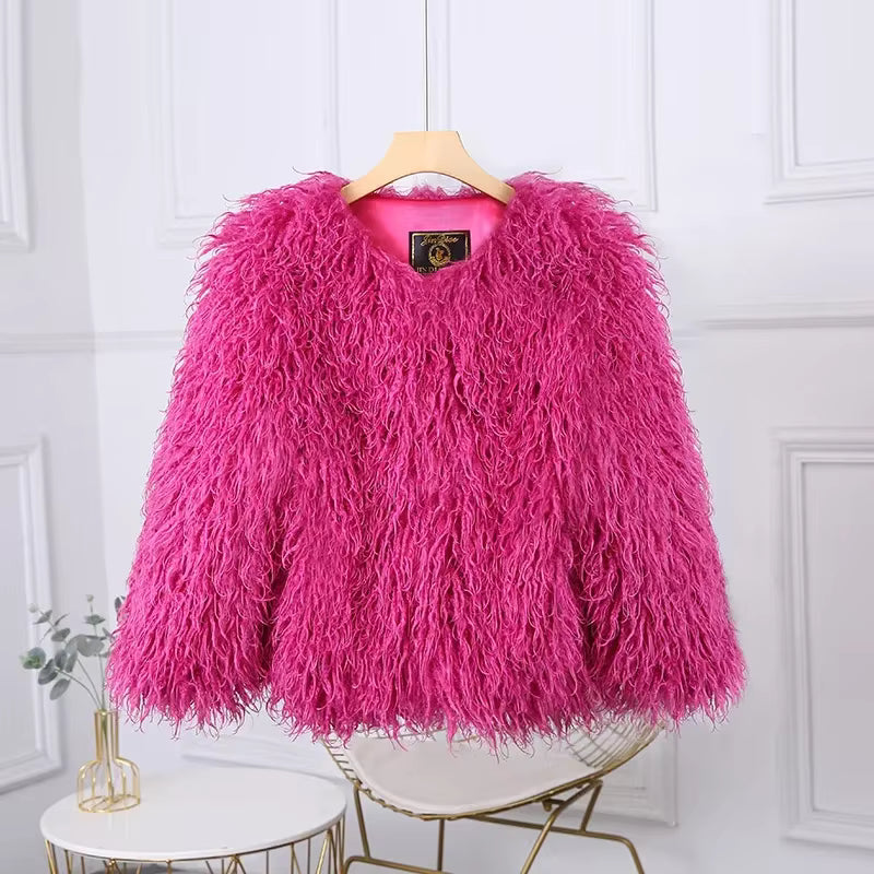 Luxury Warm Faux Fur Long Sleeve Patchwork High Waist Coats Outwear