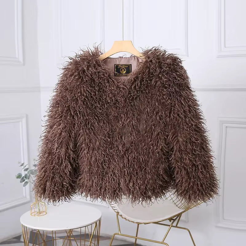 Luxury Warm Faux Fur Long Sleeve Patchwork High Waist Coats Outwear