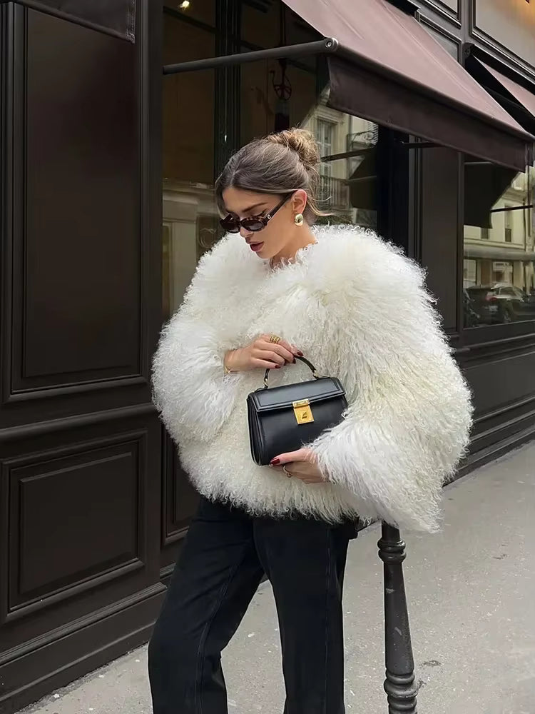 Luxury Warm Faux Fur Long Sleeve Patchwork High Waist Coats Outwear