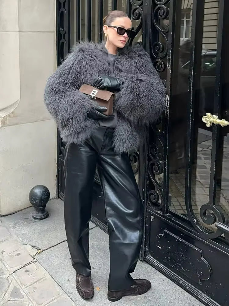 Luxury Warm Faux Fur Long Sleeve Patchwork High Waist Coats Outwear