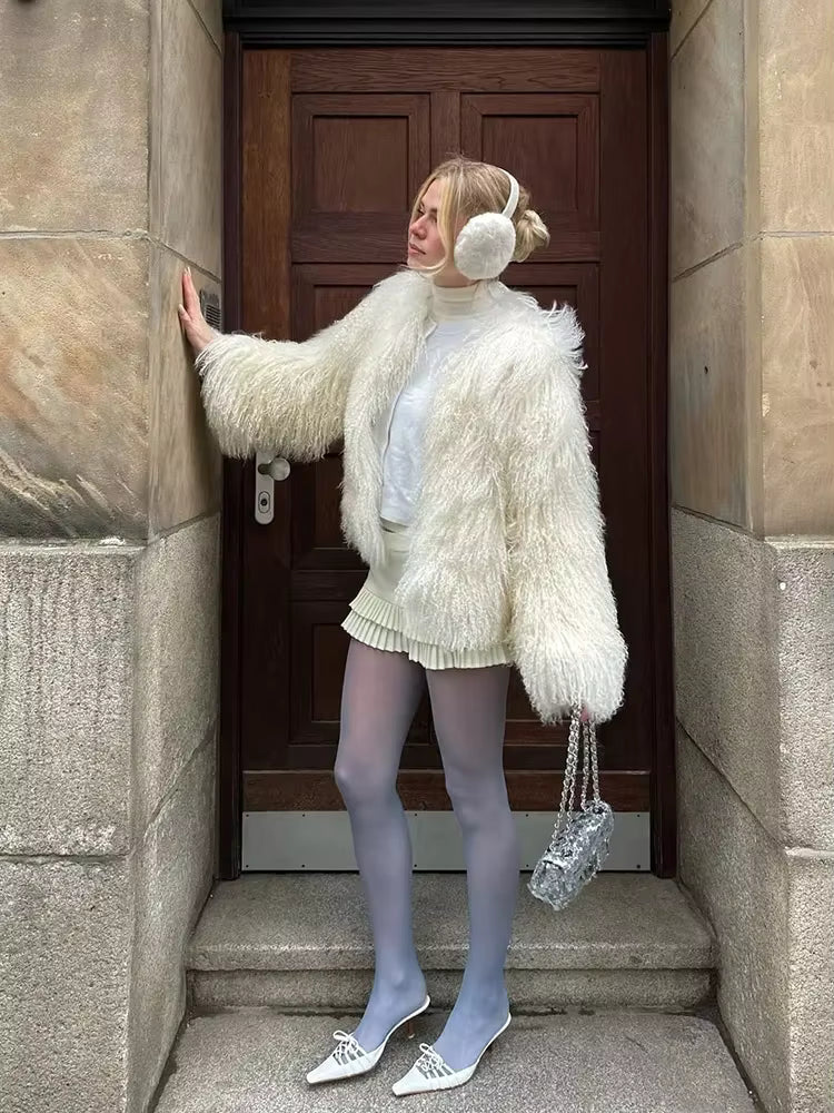 Luxury Warm Faux Fur Long Sleeve Patchwork High Waist Coats Outwear