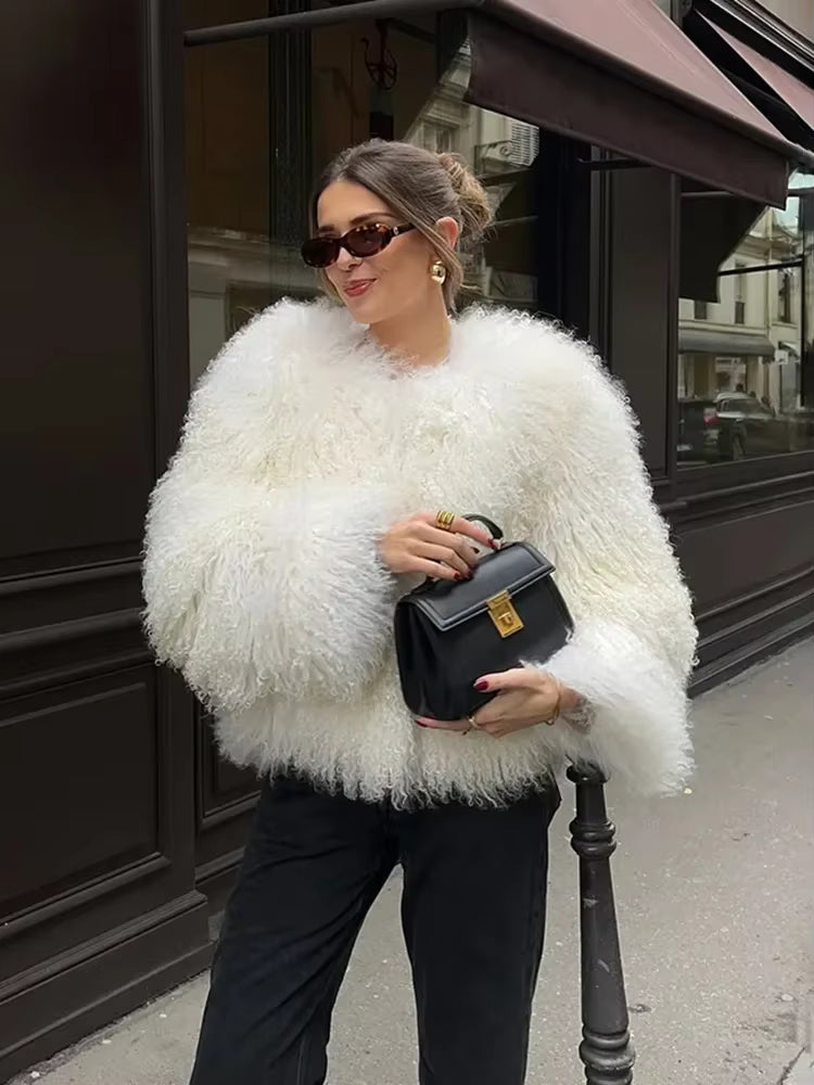 Luxury Warm Faux Fur Long Sleeve Patchwork High Waist Coats Outwear