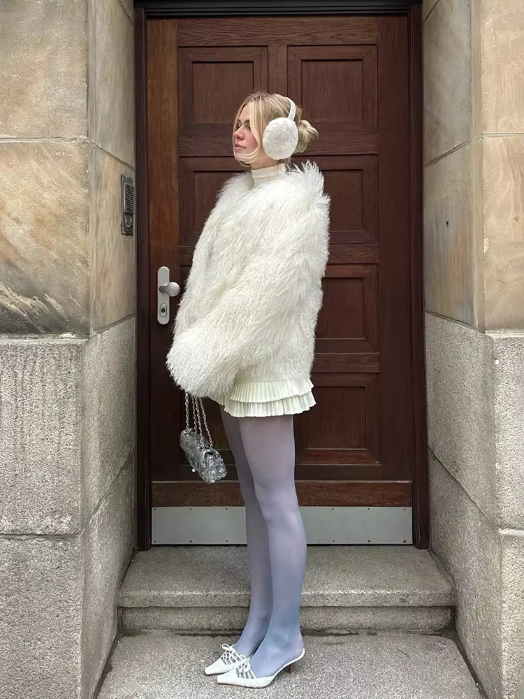 Luxury Warm Faux Fur Long Sleeve Patchwork High Waist Coats Outwear