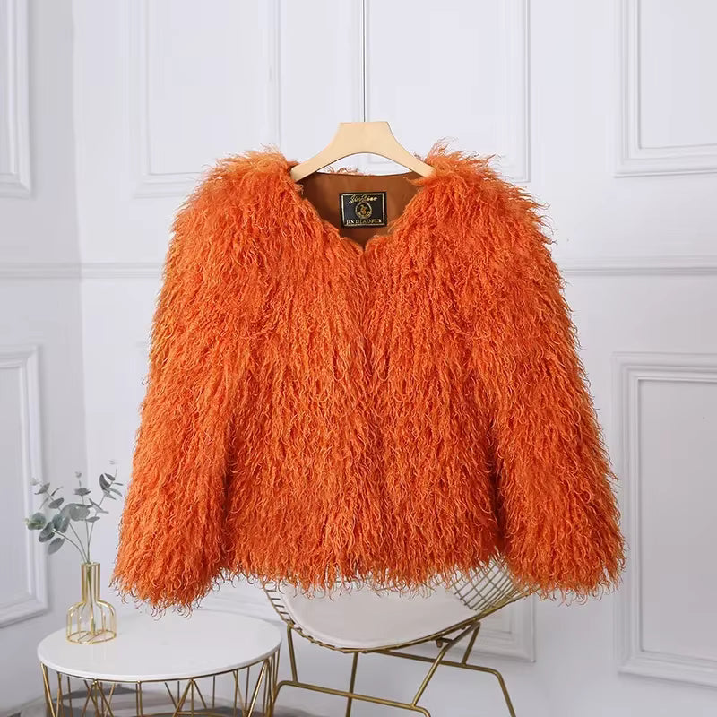 Luxury Warm Faux Fur Long Sleeve Patchwork High Waist Coats Outwear