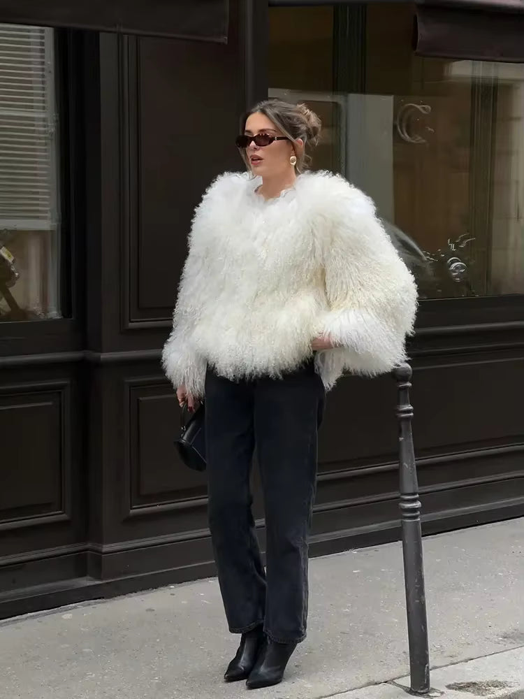 Luxury Warm Faux Fur Long Sleeve Patchwork High Waist Coats Outwear
