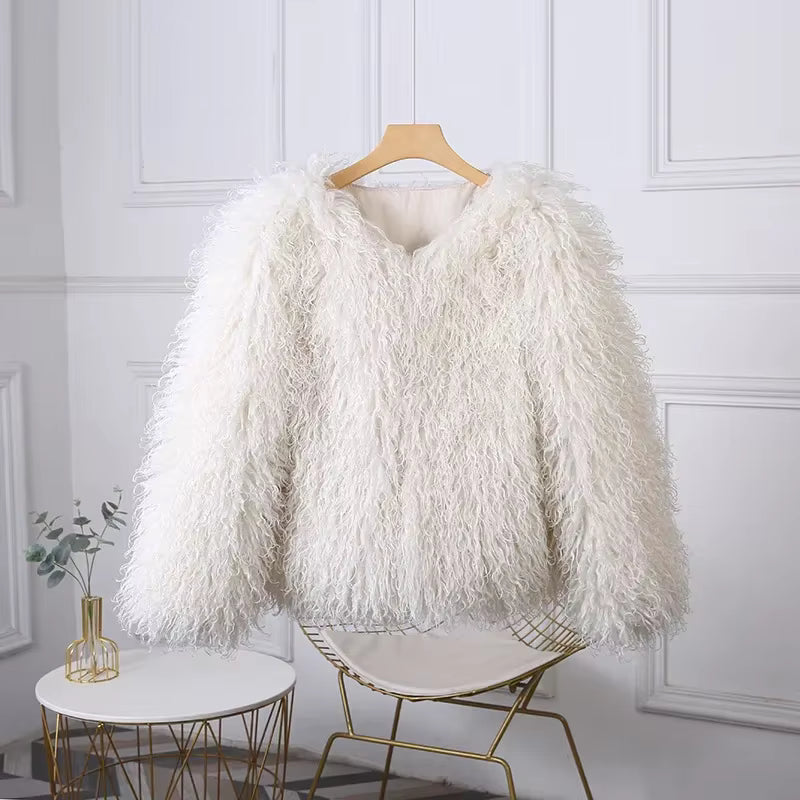 Luxury Warm Faux Fur Long Sleeve Patchwork High Waist Coats Outwear
