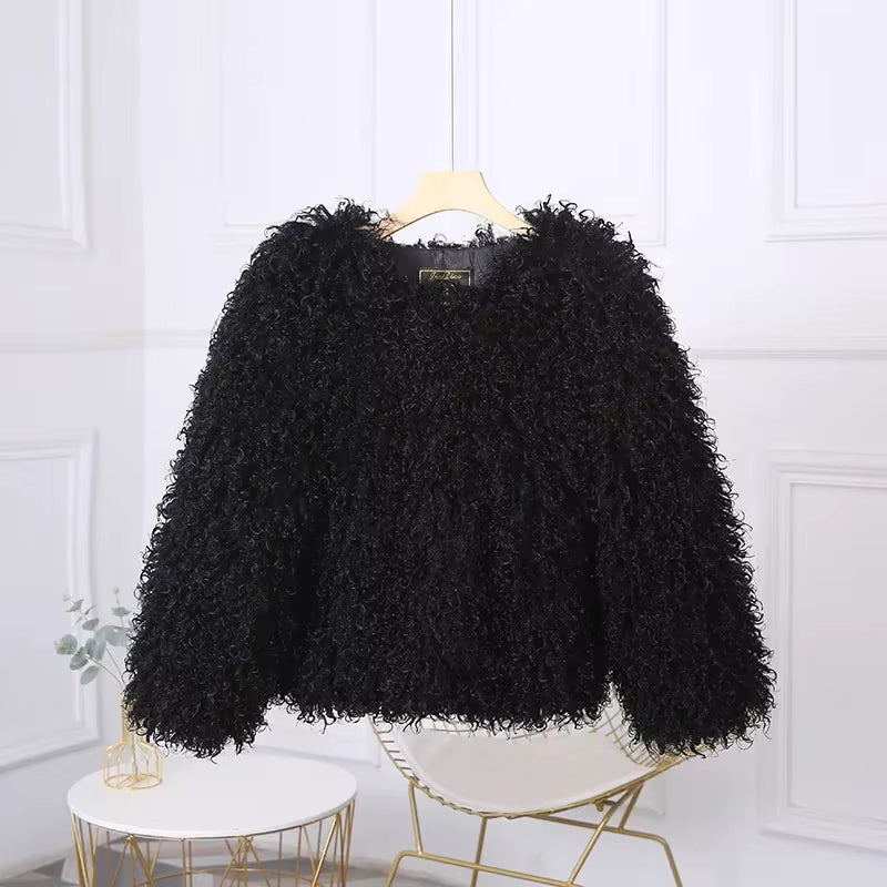 Luxury Warm Faux Fur Long Sleeve Patchwork High Waist Coats Outwear