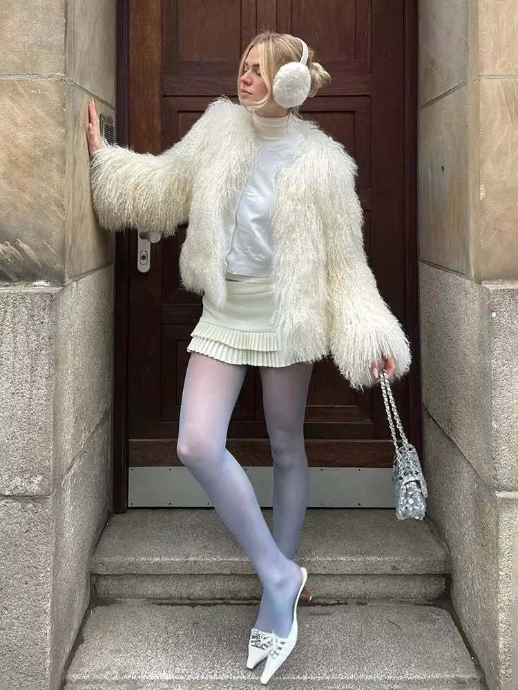 Luxury Warm Faux Fur Long Sleeve Patchwork High Waist Coats Outwear