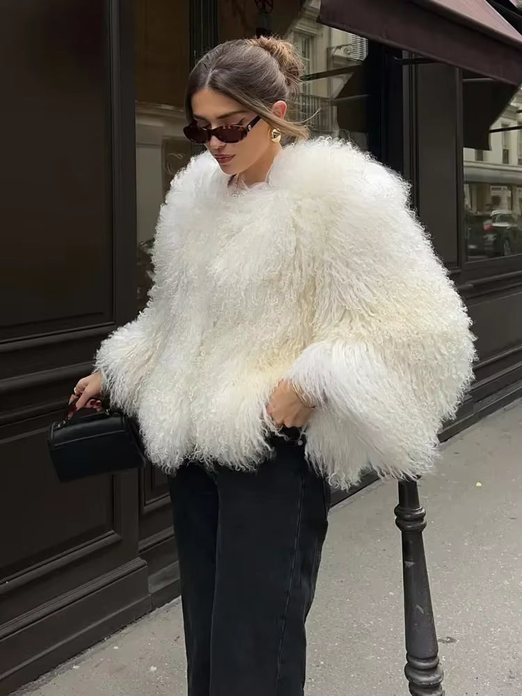 Luxury Warm Faux Fur Long Sleeve Patchwork High Waist Coats Outwear