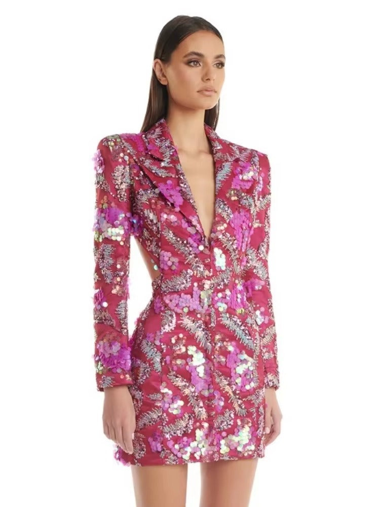 Luxury Zipper Sequin Slim Non Above Knee Stretch Blazer