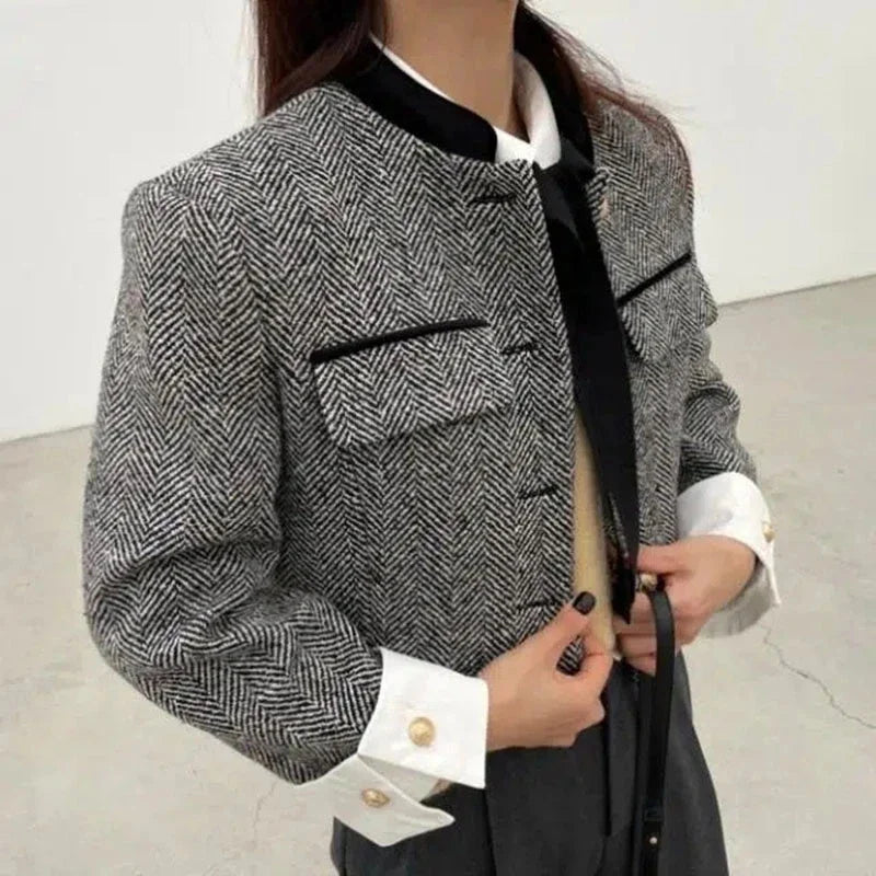Metal Button Stand Collar Pockets Plaid Long Sleeve Cropped Jackets