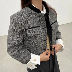 Metal Button Stand Collar Pockets Plaid Long Sleeve Cropped Jackets