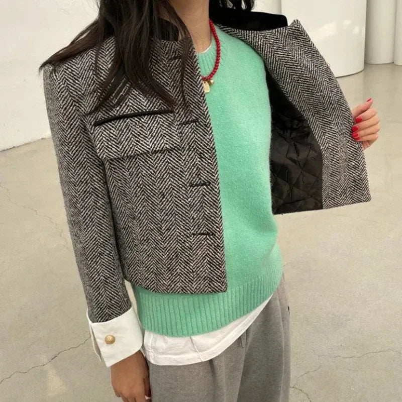 Metal Button Stand Collar Pockets Plaid Long Sleeve Cropped Jackets