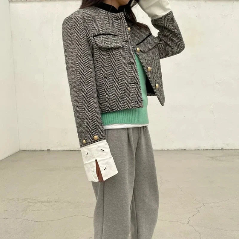 Metal Button Stand Collar Pockets Plaid Long Sleeve Cropped Jackets