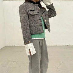Metal Button Stand Collar Pockets Plaid Long Sleeve Cropped Jackets