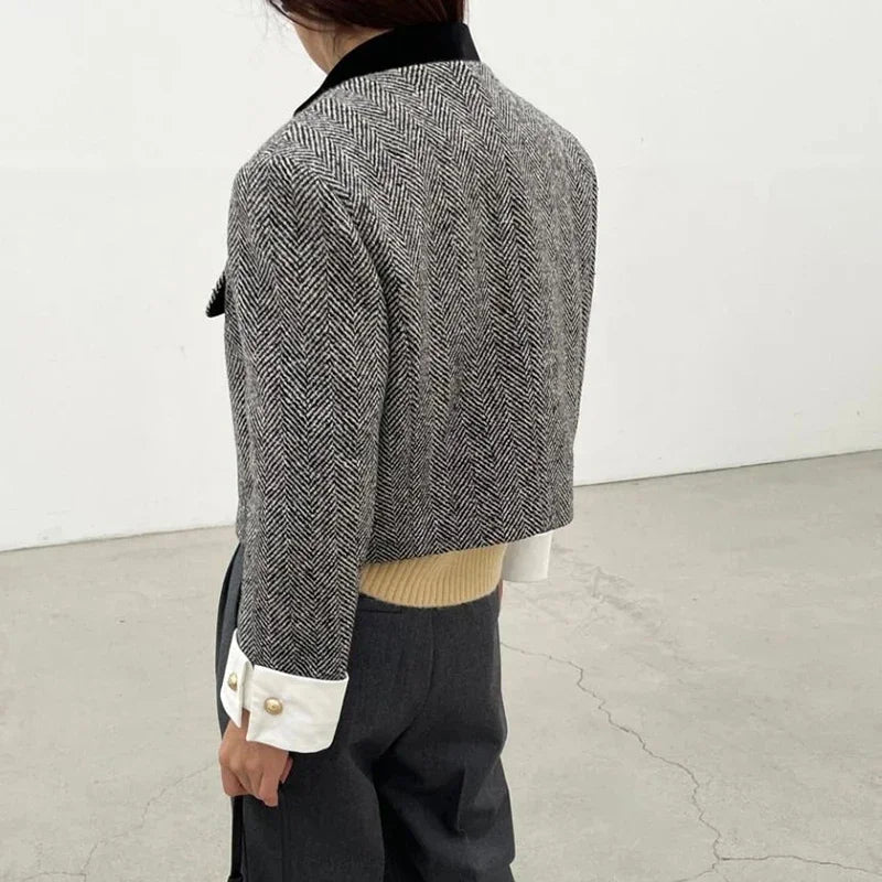 Metal Button Stand Collar Pockets Plaid Long Sleeve Cropped Jackets