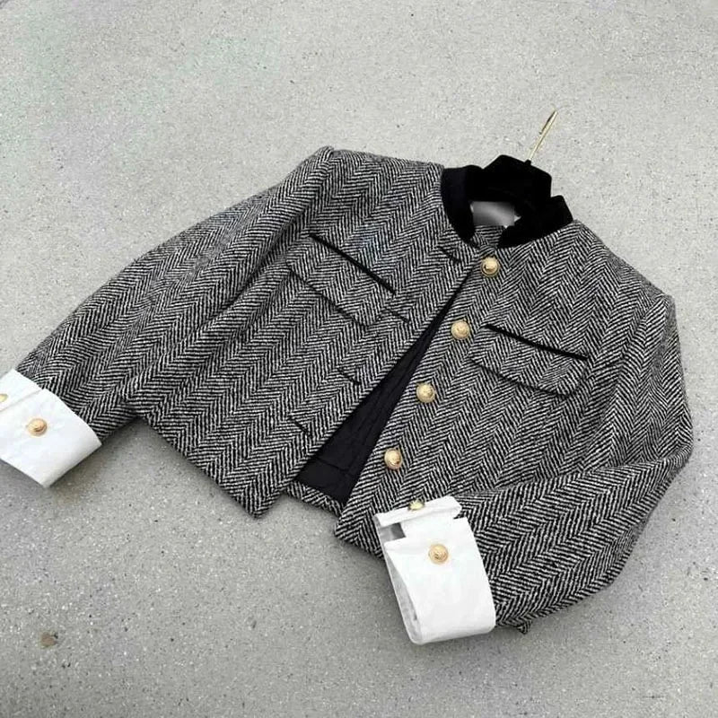 Metal Button Stand Collar Pockets Plaid Long Sleeve Cropped Jackets