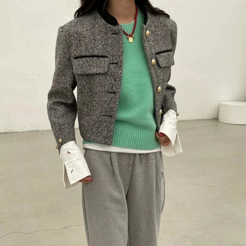Metal Button Stand Collar Pockets Plaid Long Sleeve Cropped Jackets