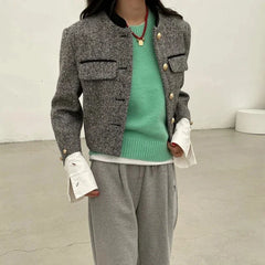 Metal Button Stand Collar Pockets Plaid Long Sleeve Cropped Jackets