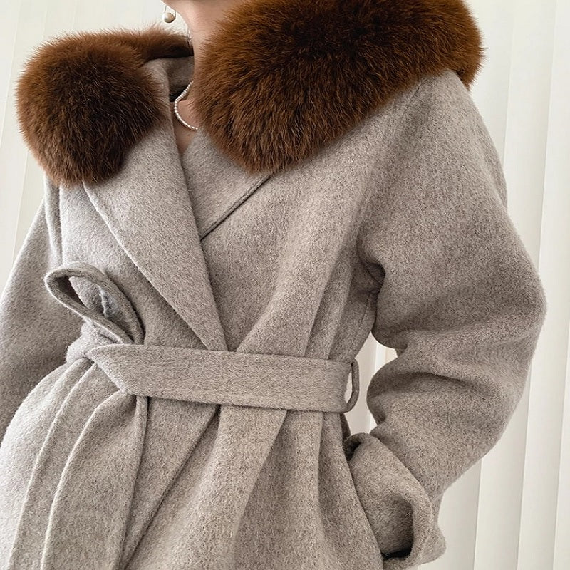Natural Fox Fur Collar Cuffs Hood Jacket