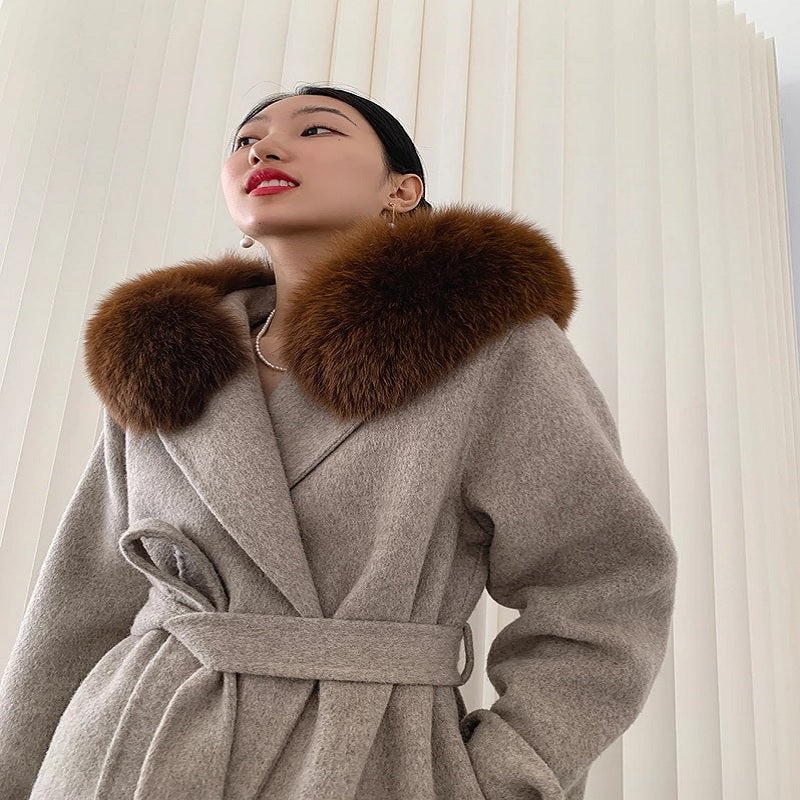 Natural Fox Fur Collar Cuffs Hood Jacket