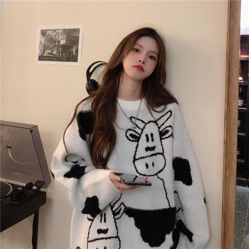 New Cow Pattern Pullover Style Loose Sweater